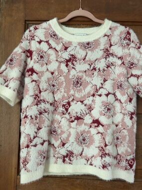 Rachel Zoe Pink & Cream Floral Bouclé Short Sleeve Sweater